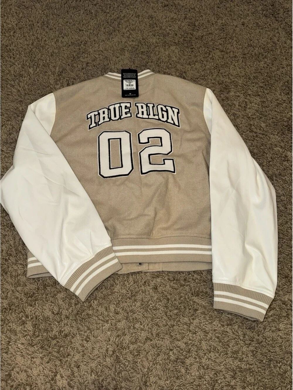 True Religion True Varsity Jacket XL Tan Beige White Snap Button Logo NEW $239